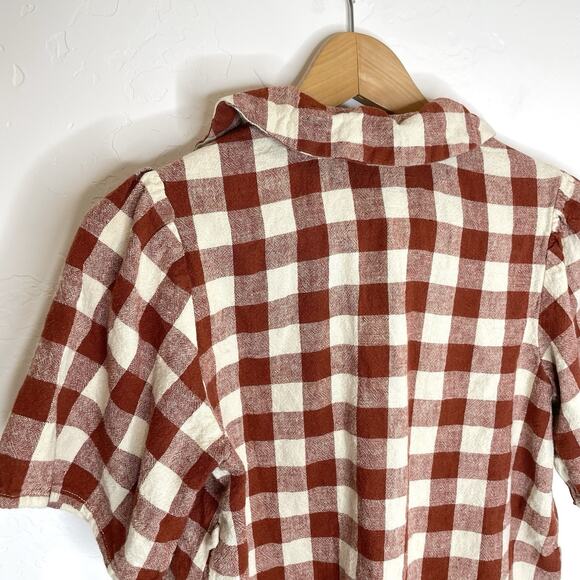 Rylee + Cru Button Up Ruby Rust Cream Plaid Top Girls 4-5 Short Sleeve Oversized - Picture 4 of 5